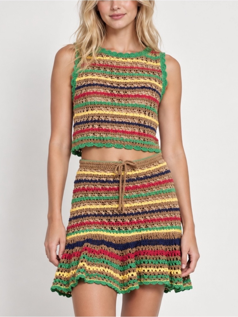 Zara Crochet Stripe Top & Ruffle Mini Skirt 2 Piece Set Size Small 6157